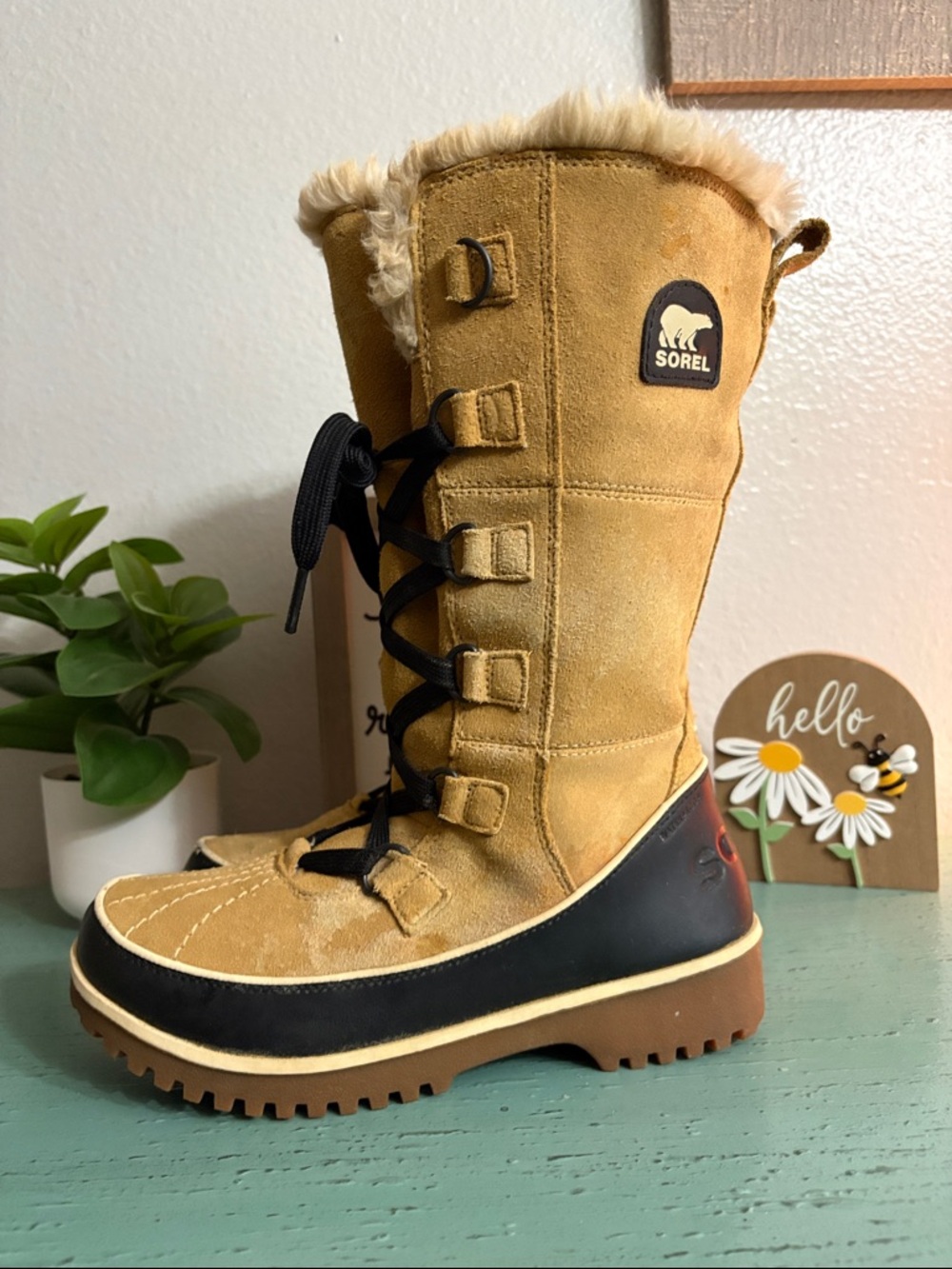 Sorel Tan Suede Lace-Up Winter Boot with Black Trim